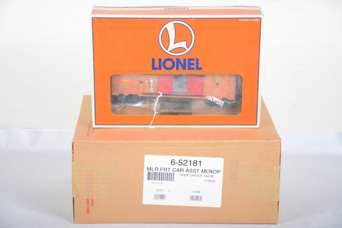 MINT Lionel Monopoly Add-On Cars: Includes a 3533 Electric co generator car,(scarce piece, only 50 produced) C10; 52181 4-pk with 52183 Monopoly Go to Jail/in Jail stockade car, 52182 Monopoly Railroads boxcar, 52184 Monopoly free par