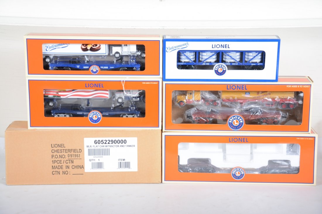 Lionel Special Issue Cars: Includes 58520 Entenmann's vat car; 52497 Entenmann's flat with tractor trailer; 52512 Standard O TCA flat with marble load; 2#52290 Saint Louis LLRR standard O flat with tractor trailer; 52490 flat w