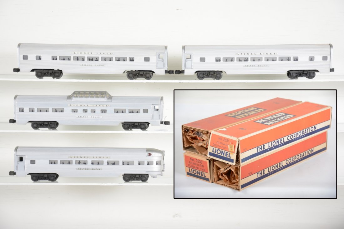 Clean Boxed Lionel Super Speedliner Cars: Includes a 2532 Silver Range vista-dome; 2533 Silver Bluff Pullman; 2534 Silver Cloud Pullman; 2531 Silver Dawn observation. All are clean, showing light playwear with wrapping, boxes & inserts, some 