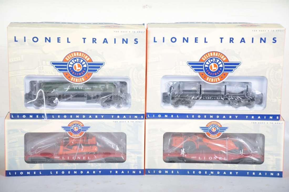 Lionel Celebration Series Freight Cars: Includes 26023 flat with bulldozer; 26024 flat with scraper; 26760 log dump car set; 26759 coal dump car set. All are factory new in boxes, C10
