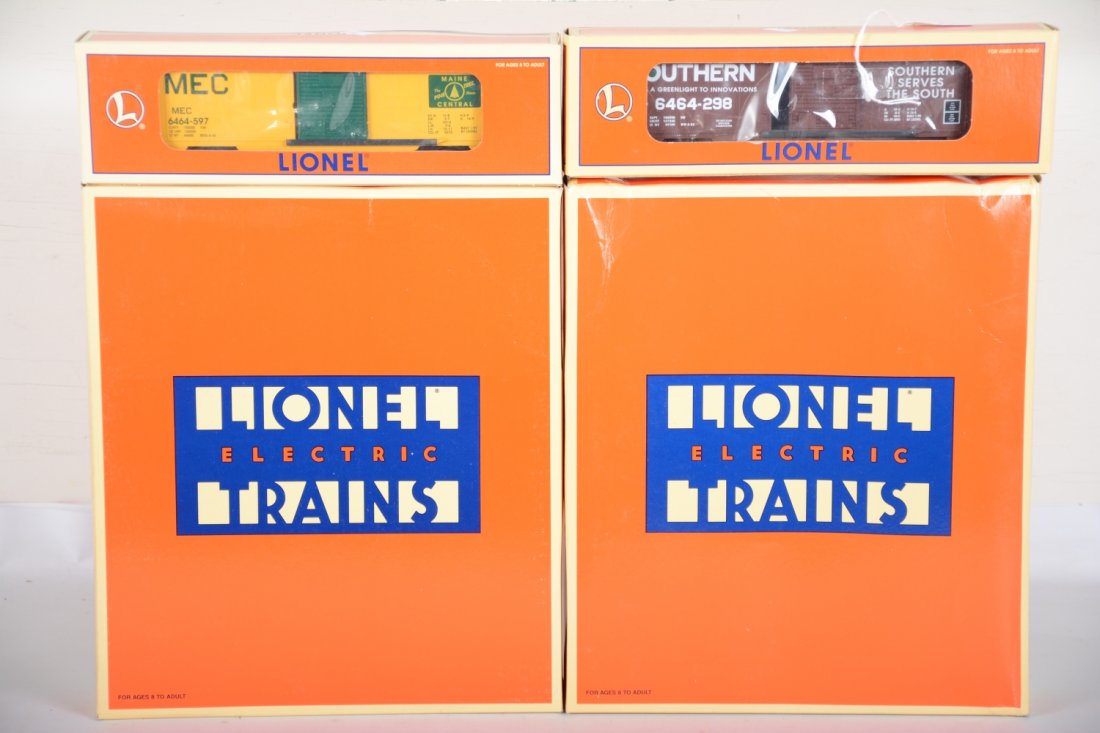 Lionel 6464 Series Boxcars: Includes 19272 with B&A, PRR and SP; 19276 with B&O, C of G and Rutland; Plus 29203 MEC; 29214 Southern. All are new in boxes with 2 master boxes, C10