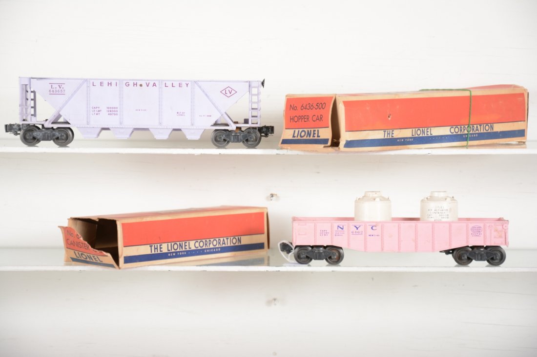 Boxed Lionel 6436-500 & 6462-500: Includes Girl's cars 6462-500 gondola with 2 canisters; 6436-500 hopper. They could benefit from a cleaning, but only show light to moderate playwear with boxes, C6+-7