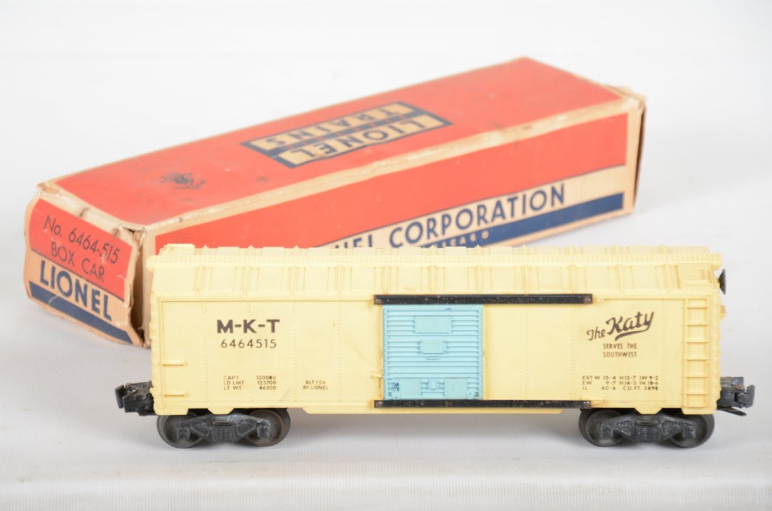 Boxed Lionel 6464-515 MKT Boxcar: Nice lettering and could benefit from a light cleaning as it only shows light playwear with box, should clean to C7 or better.