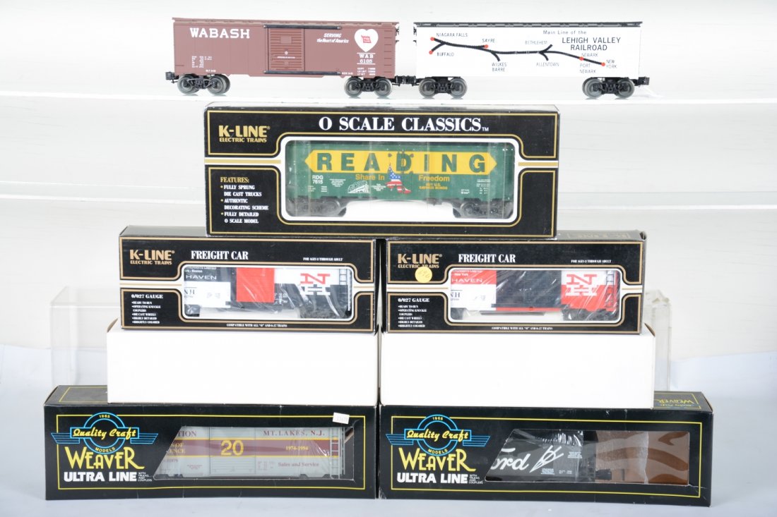 Modern Freight Cars: Includes Weaver Ford hopper; Weaver 1994 The Train Station boxcar; K-Line 7815 Reading boxcar; K641-9017 & 8 NETCA NH boxcars; KMT LV map reefer; KMT Wabash boxcar, All appear new in boxes, C10