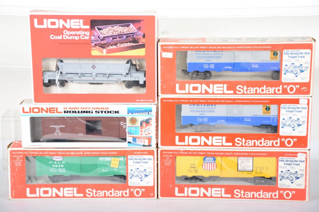 Lionel MPC Freight Cars: Includes 9801 B&O boxcar; 9826 NYC boxcar; 5710 CP reefer; 9808 UP boxcar; 16602 Erie dump car. All appear new in boxes, C10