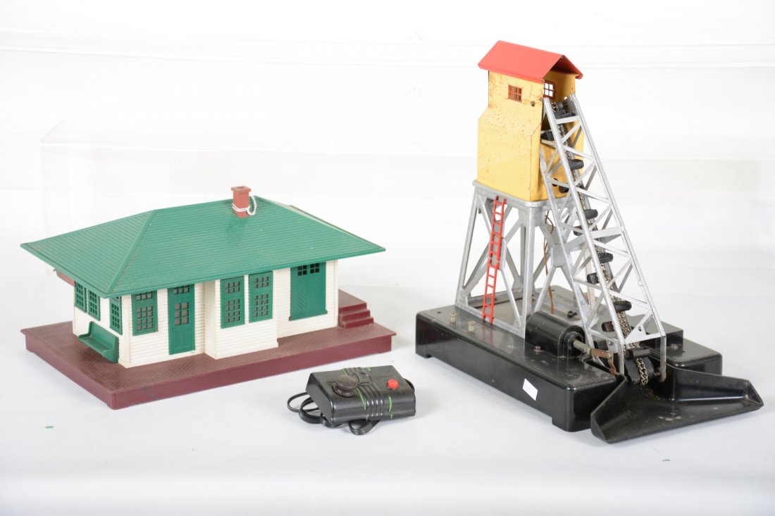 Lionel 132 & 97 Accessories: Includes a 97 coal elevator, rewired controller with replacement button; 132 stop station, both need cleaning, C5-6