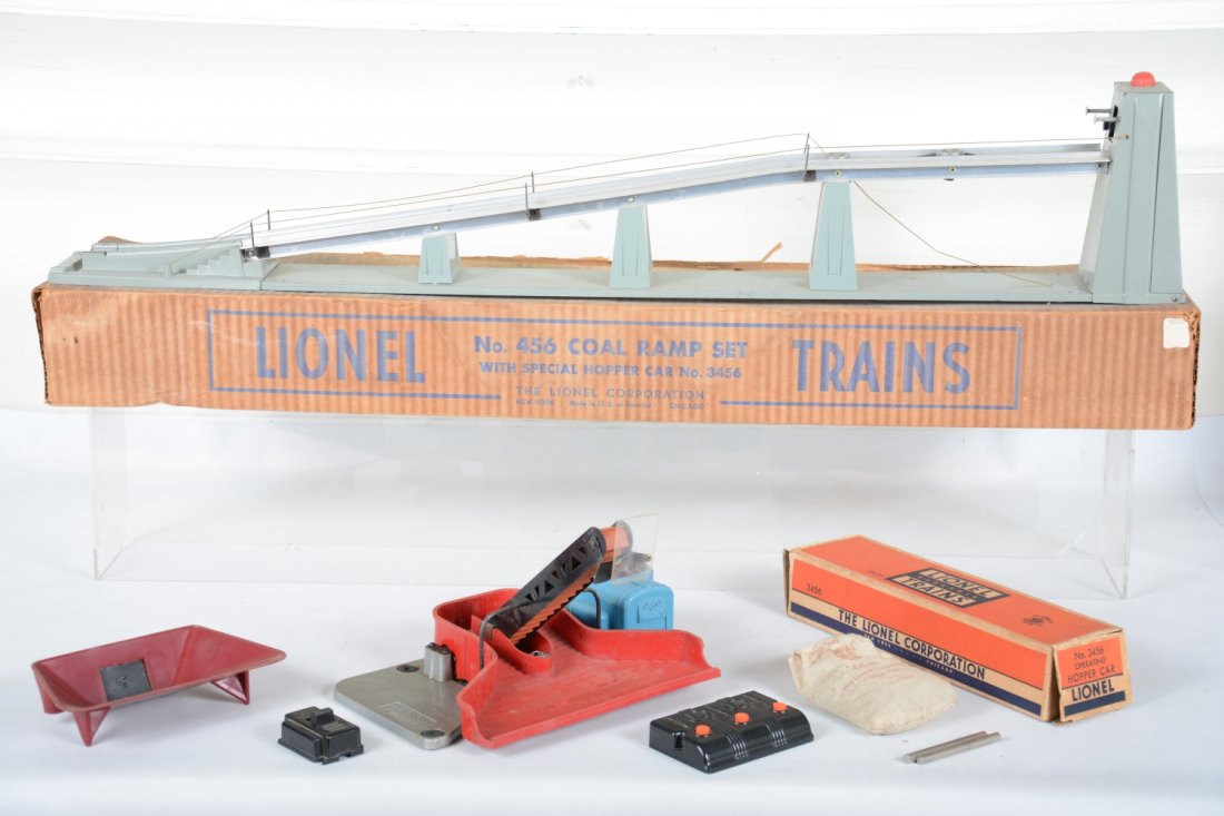 Lionel 397 & Boxed 456 Accessories: Includes a boxed 456 coal ramp, original handrails, though 1 is loose, complete with 3456 box, tray & controller, no car; 397 coal loader with 206 & 364C. They show light playwear, otherwise C7