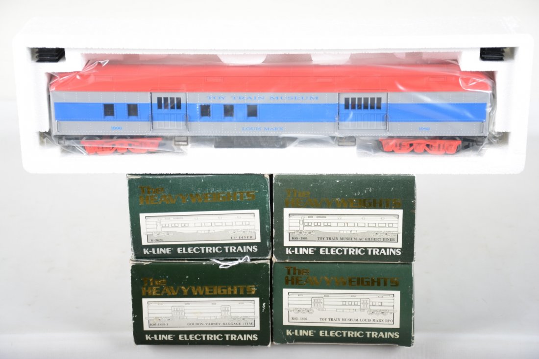 4 K-Line Scale Heavyweight Cars: Includes TTM 85-1899-1 baggage; 85-1896 Marx RPO; 85-1884 diner; 3628 UP diner. They appear new in boxes, C9-10