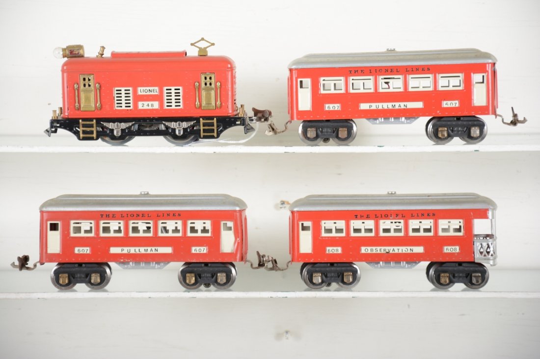 Restored Lionel 248 Passenger Set: Includes a 248 boxcab electric; 2 #607 Pullmans; 608 observation, all restored in red/silver.