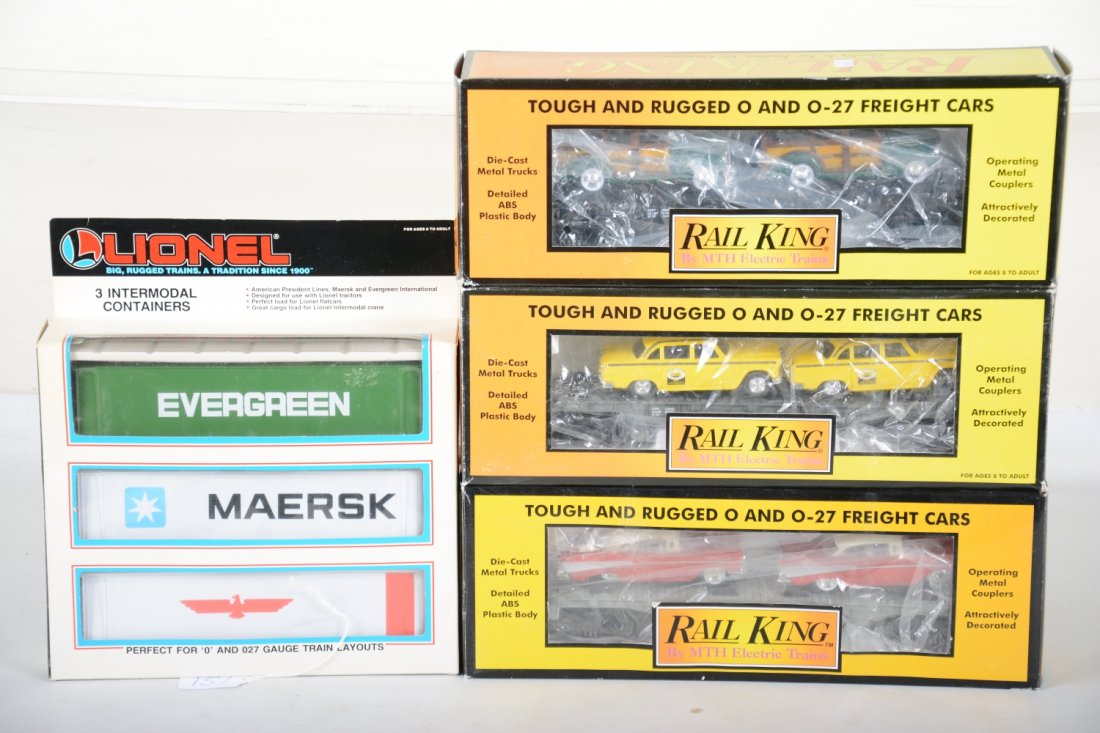 MTH & Lionel Lot: Includes MTH RailKing 30-7610 flat with 57 Chevys; 30-7625 flat with '59 taxis; 30-7662 flat with '40 Woody wagons; Lionel 12805 intermodal containers. All show light use with boxes, C8+-9