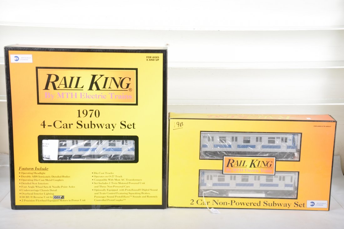 MTH RailKing 30-2122-1 NYC Subway Set: Includes the 2122-1 4-car set equipped with ProtoSounds; plus the 30-2161 2-car extension set. They appear new in boxes, C10