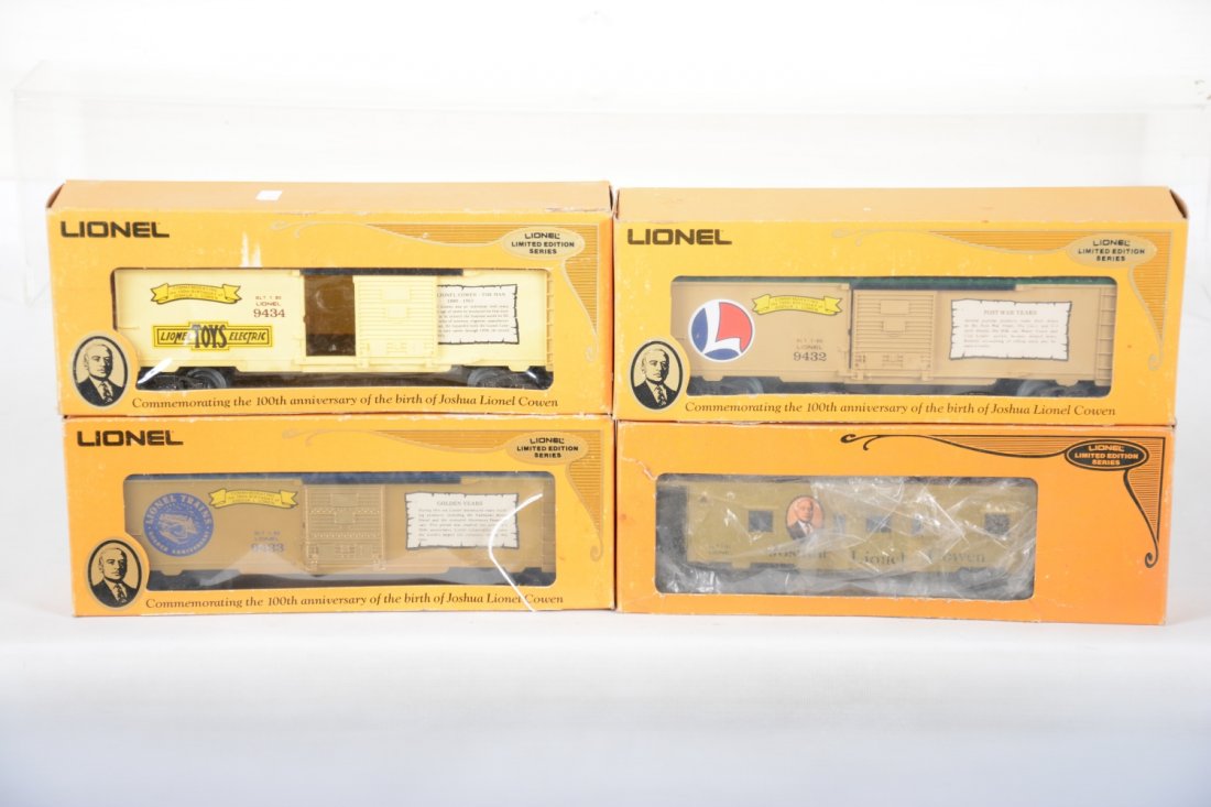 4 JLC Series Freight Cars: Includes Joshua Lionel Cohen Freight cars, which include, "Post War" boxcar 9432, Golden Years boxcar 9433, "Joshua Lionel Cohen The Man" boxcar 9434, and bay window caboose 6421. These units show mod