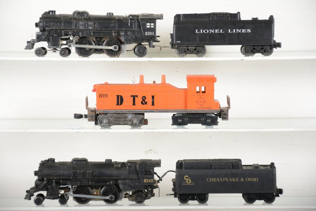 Lionel Modern Locomotives: Includes an 8111 DT&I NW-2 diesel; 8304 cast loco with LL whistle tender; 8304 cast loco with C&O tender with Sound-of-Steam; extra PRR tender. All need a cleaning, but only show light playwear, C7-8