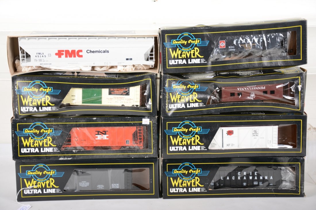 Weaver Ultra Line Rolling Stock: Includes Reading 19990 hopper; 17008 NH hopper; 477646 NH caboose; 52150 El Paso boxcar; 7045 P&D special Erie hopper; Hegarty's boxcar; 91343 Hayden flour boxcar; 1505 FMC ACF hopper. All appear like