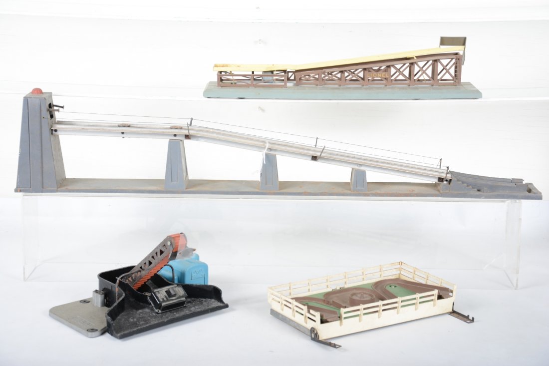 Lionel 456 & 397 Accessories, Plus: Includes a 397 coal loader, tray stripped of paint with controller; 456 coal ramp only, with replaced handrails. Both show moderate playwear, C5-6. Plus a 352 barrel ramp, mounting screws through plat