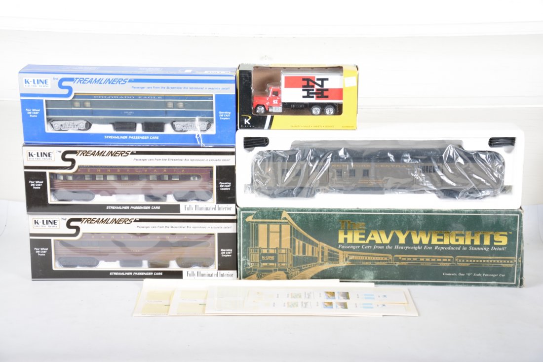 K-Line Lot: Includes K-4580c PRR streamline passenger car 2-pk KCC, mint with shipper; 4545-0733 MP Omaha baggage; K-4213 NYC Heavyweight baggage; K872-109 NH panel truck, all new in boxes, C10