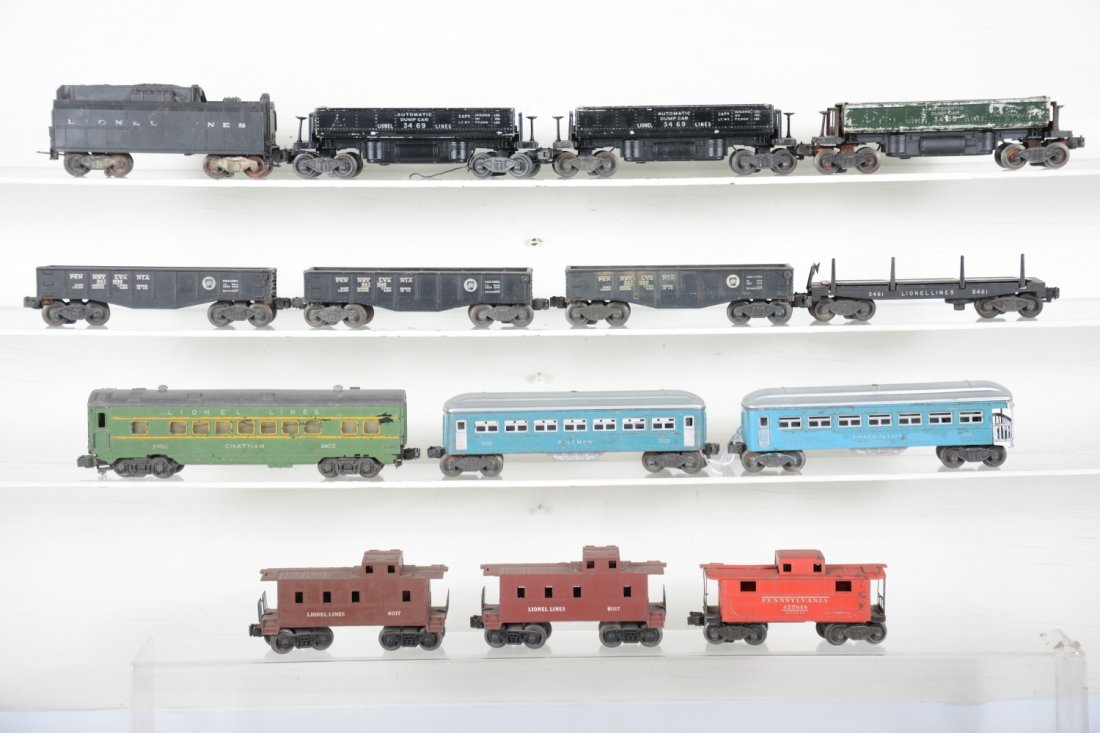 Lionel Rolling Stock: Includes 2430 Pullman & 2431 observation, repainted roofs; 2402 coach; 6026W tender, rust on trucks; 2 #6017 cabooses; 2 #3469 coal dump cars; 34569 coal dump car, green; 3 #2452 PRR gondolas; 3461 lo