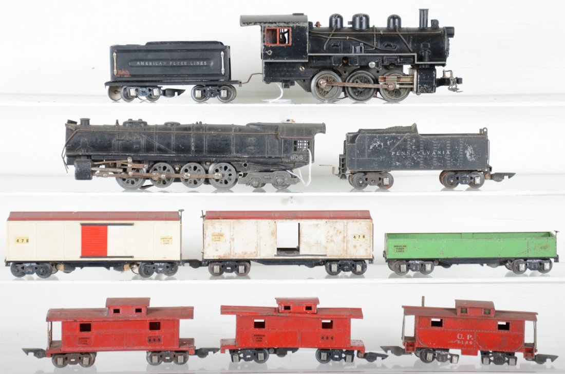 American Flyer Pre War Lot: Includes a scarce 806 Northern for parts, wheels turn, trail wheels fatigued; 429 b6 switcher, wheels turn freely; 2 3478 boxcars, 1 guide & door loose inside; 476 sand car; 2 #484 cabooses; 516 cast 
