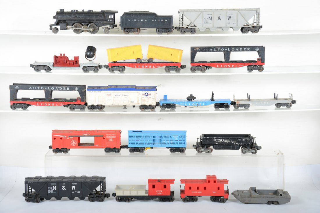 Lionel Rolling Stock & Parts: Nice assortment of Freight cars with a 242 loco, most have some issues and may clean up a bit. Examine photos for contents.