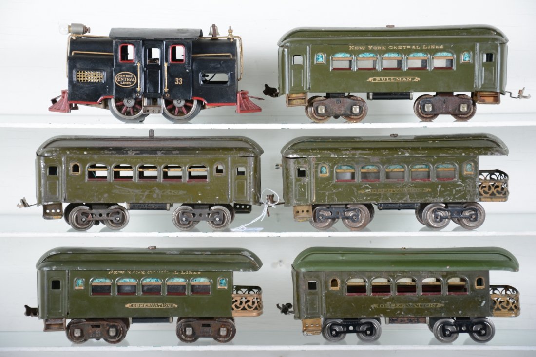 Lionel Standard Gauge Set with Extra Cars: Includes a repainted/restored 33 loco, 35 Pullman & 36 observation, with 2 extra 36 observations, 1 having repainted roof and 35 Pullman, extras otherwise C5+