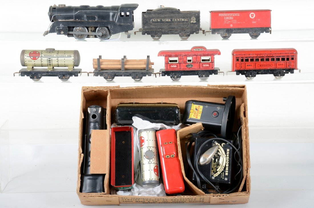 Marx Steam Freight Sets: Includes boxed set with 698 steam loco NYC tender; gondola, tank & caboose, circuit breaker, track & transformer, osb, C8; 698 loco missing number boards, NYC wedge tender; log flat, high gondola; tan