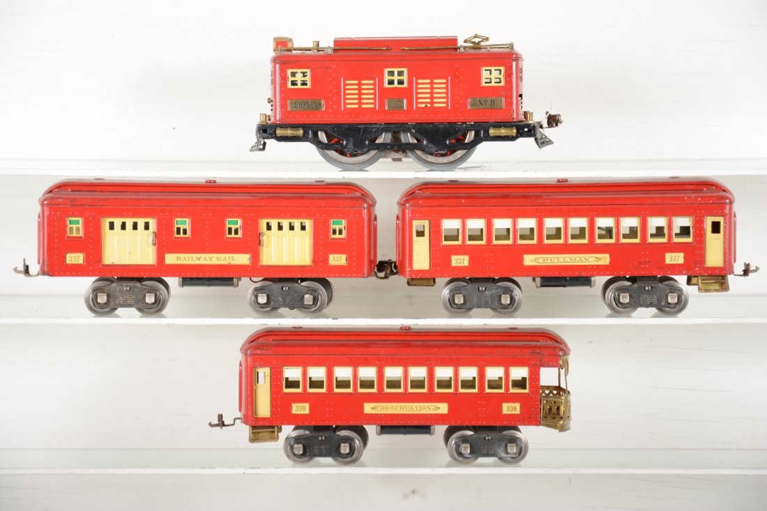 Lionel 8E Standard Gauge Passenger Set: Includes an 8# boxcab electric; 332 baggage; 337 Pullman; 338 observation. All are clean with nicely done touch-up throughout. Appears C7