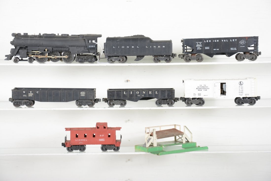 Lionel 2065 Steam Freight Set: Includes a 2065 loco, over-painted; 2046W tender 2 broken steps; 3472 milk car with platform, missing 1 door; 6462 gondola; 6012 gondola; 6456 hopper, some paint inside; 6257 caboose. Rest show modera