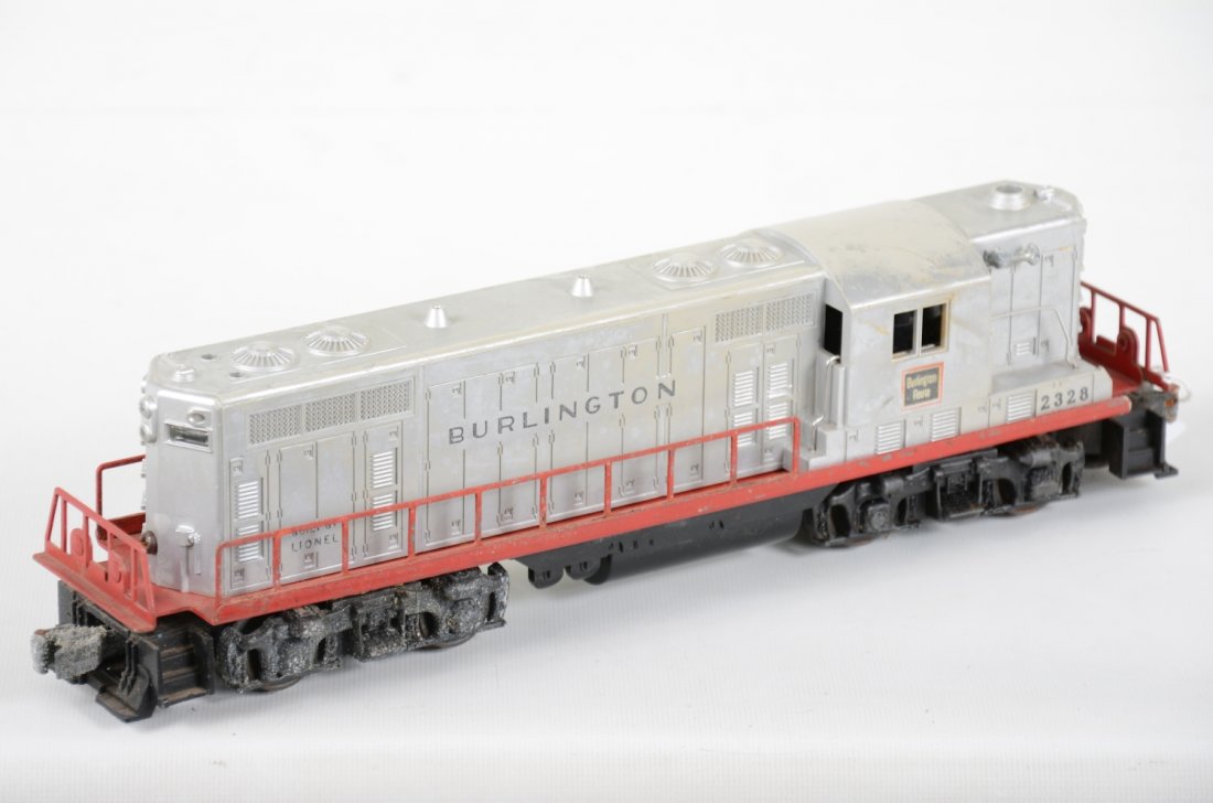 Lionel 2328 Burlington GP7 Diesel: Has clean frame with nice lettering. The silver is blotchy and shows moderate playwear, C5+