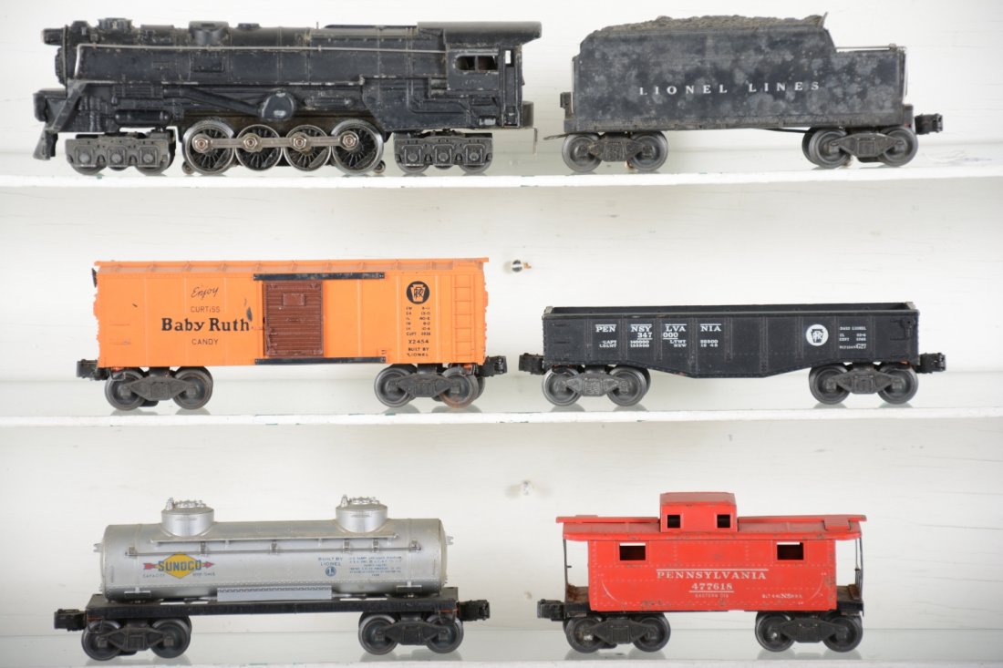 Lionel 2020 Steam Freight Set: Includes a 2020 turbine; 2020W tender, some mildew; 2452 gondola, missing coupler shoes; 2454 BR boxcar; 2465 tank car; 2472 PRR caboose, rest show moderate playwear, C6