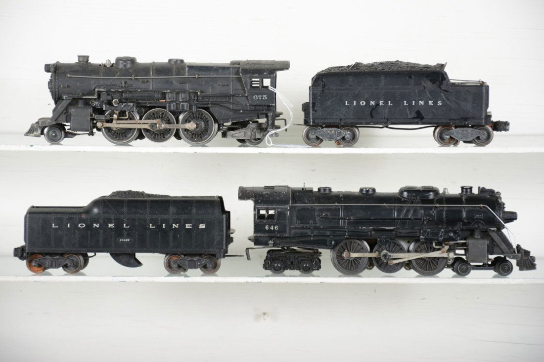 Lionel 646 & 675 Steam Locomotives: Includes a late 646 Hudson with correct 2046W tender; 675 loco with 6466WX tender, some paint flaking on shell. Both otherwise show moderate playwear, C5