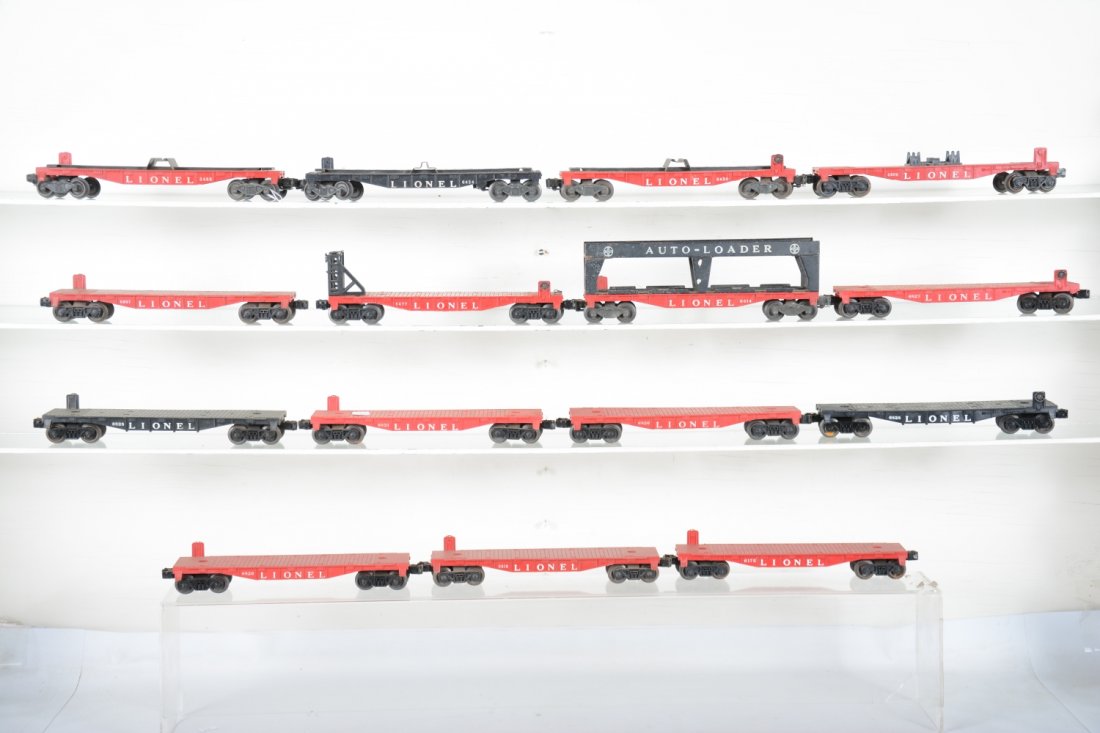 Large Group of Empty Lionel Flat Cars: Includes 6414, 6823, 6424, 6430, 6806, 6807, 2 #6828, 6821, 2 #6826, 6818, 6175 & 3460. All show light playwear, but need a good cleaning, C6-7