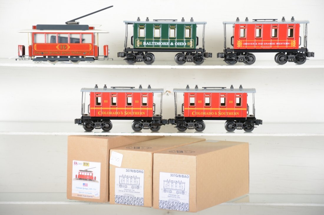 ETS O Gauge Trains Group: Nice Chek Republic trains done in tinplate. Includes 58 trolley;, ob; 307R/B/DRG coach; 307G/B/B&O coach, ob; 2 C&S coaches. All appear unused, C9