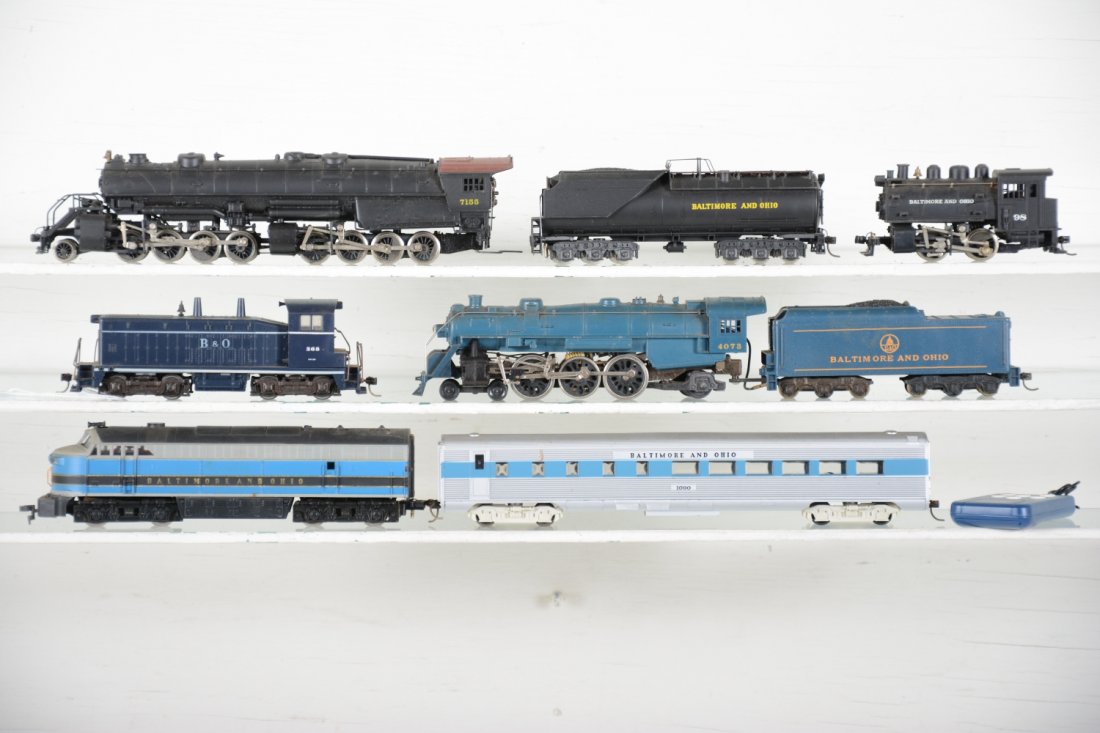 B&O HO Trains Lot: Includes a Mantua Pacific; AHM F7; RivaRossi Dockside switcher; Athearn NW2 diesel; RivaRossi 2-8-8- 0 mallet with incorrect B&O oil tender, plus a Rapido DCC controller. All show light playwear, C8