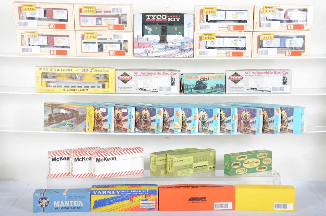 Large Lot HO Train Kits: Includes kits by OK, TMI, Ulrich, Athearn, Proto Power, Accurail and others. All appear complete and unbuilt.