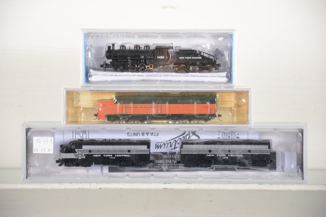 Bachmann & LL N Gauge Locomotives: Includes LL Hobby Line 7566 NH PA Alco diesel, cab 0760; Bachmann 81261 NYC F7 AB Diesels; 50570 NYC 0-6-0 switcher & tender. They appear new in boxes, C10