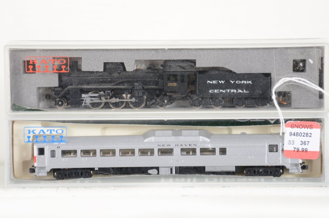 2pc Kato N Gauge Lot: Includes a C58-2010 NYC Mogul 2-6-2 with tender; 166-0103 NH RDC-2 Powered Budd diesel. Both are new in boxes, C10