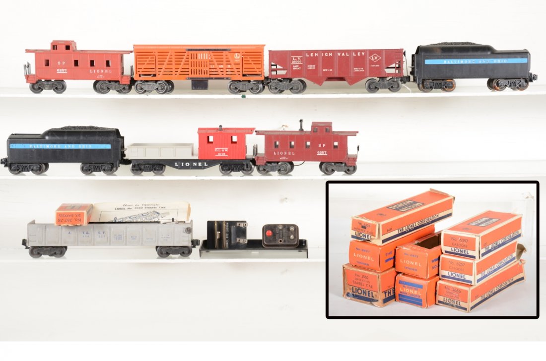 Boxed Lionel Rolling Stock: Includes 2 #247 B&O tenders; 6119-100 work caboose; 3562-25 barrel car, with some accessories; 6456 hopper; 3656 cattle car only; 6257 caboose; 6357 caboose. All show light to moderate playwear, some