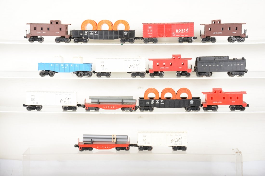 Clean Lionel Set-Builder Rolling Stock: Includes 2 #6062 gondolas with reels; 2 #6121 pipe cars; 3 #6014 Frisco boxcars; 2 #6017 cabooses; 6047 caboose; 234W tender, 1 broken step, no whistle; 6167 caboose; 6042 gondola with canisters; 6014