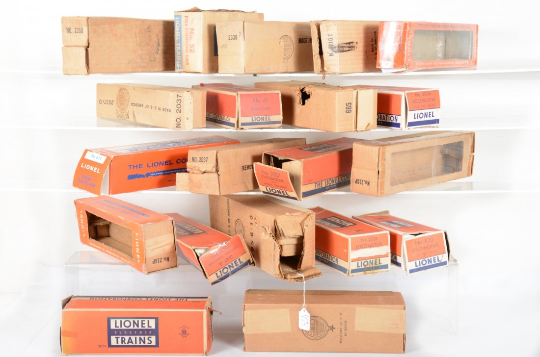 Large Group Lionel Empty Loco Boxes: Condition and completeness varies so examine photos closely. Includes 218 with sleeve; 52; 41, 634, 2037, 218P, 665, 2037, 2356C, 2034, 2037, 2026 with insert, 1120, 665, 218T, 2026, 2056 with insert,