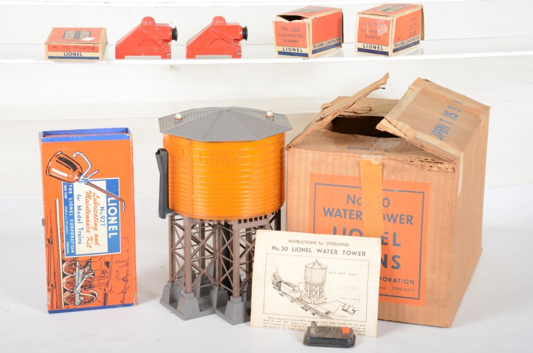 Lionel Accessories: Includes a nice 1950 30 water tank with box, instructions, 96c, inserts, C8; 927 lube kit 90% complete; 4 #260 bumpers, 2 boxed; 153c contactor with box, C7-8
