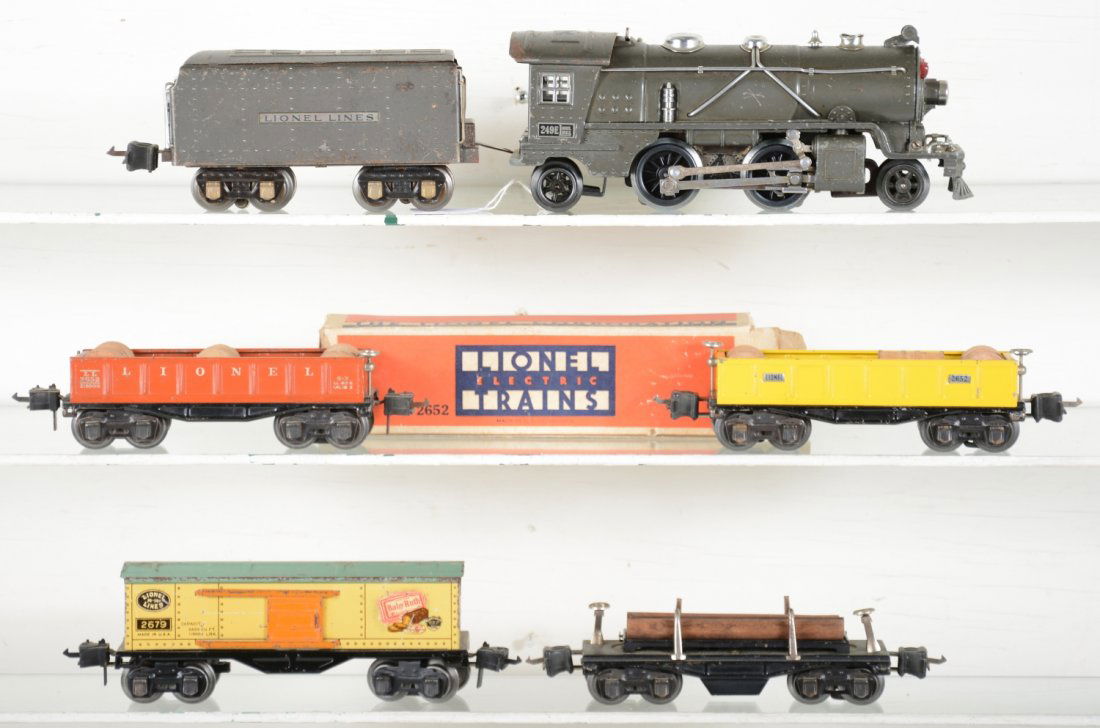 Lionel Pre War Trains: Includes a 249E steam loco, rewheeled; 265W tender; 2 #2652 gondolas, late version missing coupler plungers, 1 ob; 3651 lumber dump; 2679 BR boxcar,missing door and door guide,C5; rest C6-7