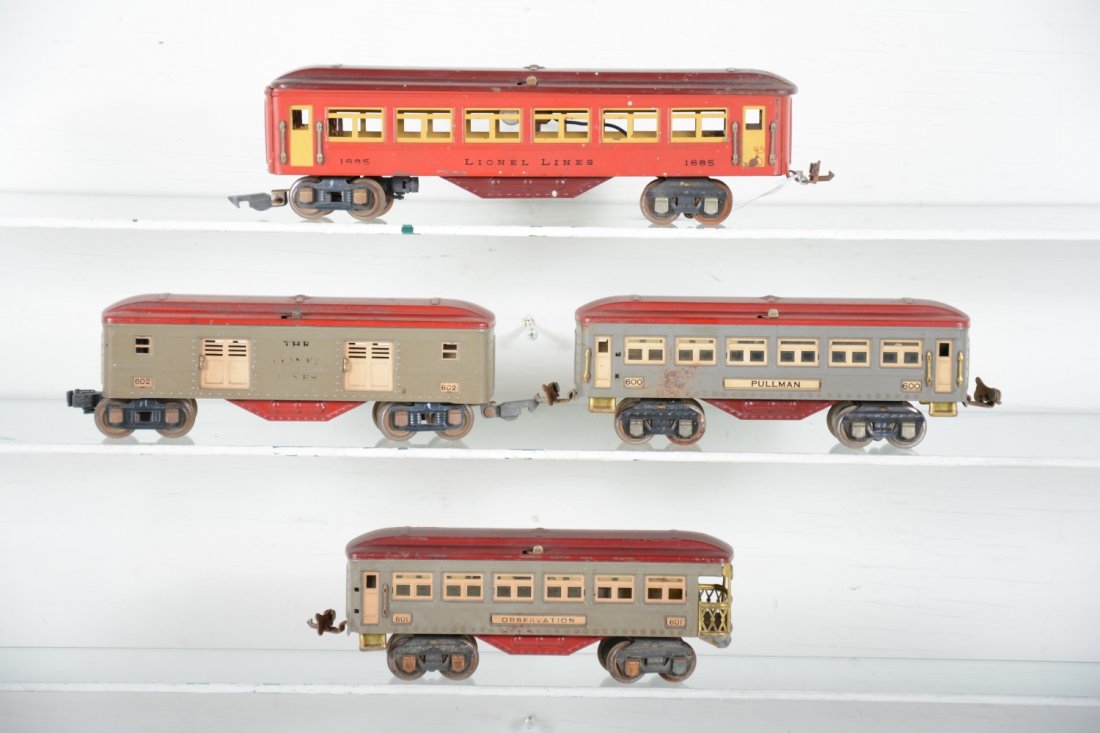 Pre War Lionel Passenger Cars.: Includes 1685 Pullman, 1 coupler support removed for AF link coupler truck; 602 baggage, both coupler supports removed for AF link and Lionel truck postwar couplers, lettering weak; 600 Pullman, surfa