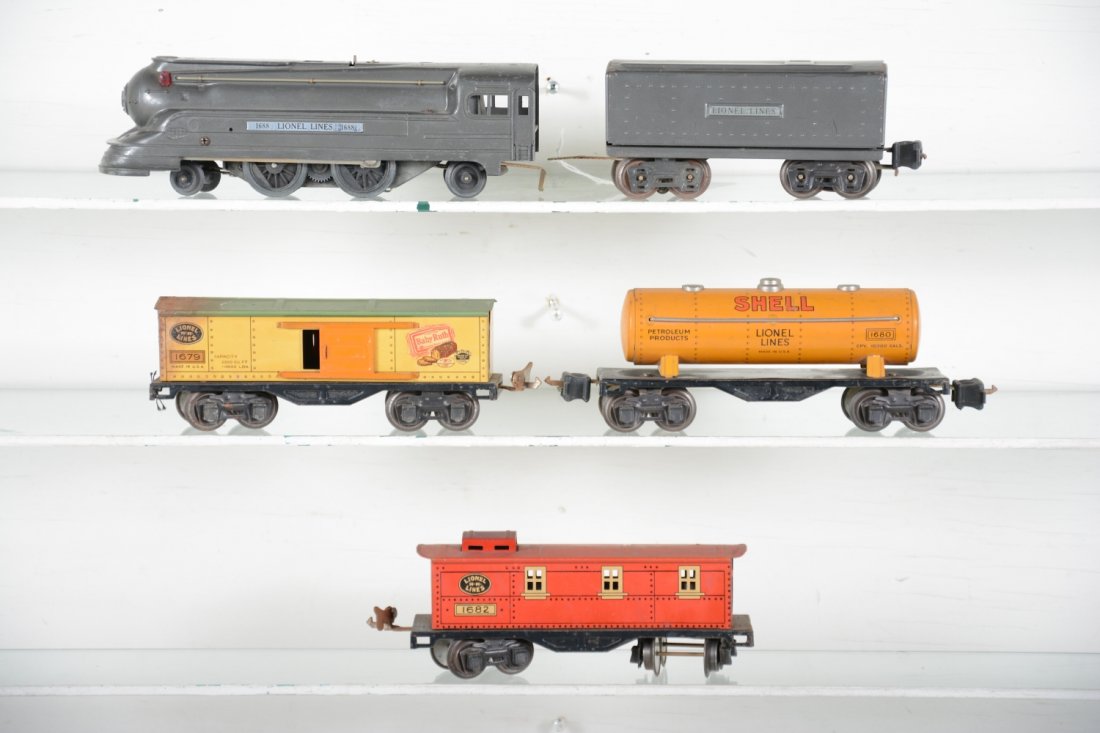 Pre War Lionel Set: Includes a 1688E loco; 2689W tender, gunmetal, C7; 1680 Shell tank, MBC; 1679 boxcar, C5; 1682 caboose, slightly faded, C6