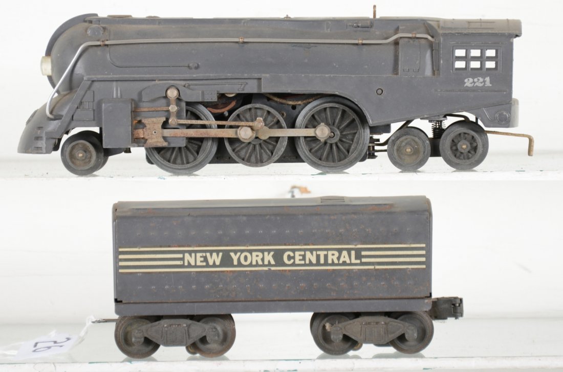Lionel 221 NYC Dreyfuss Hudson: Circa 1946. Fairly clean 221 steam loco, some oxidation on rods; 221W tender with 98% decals intact. They show light playwear, paint is C7
