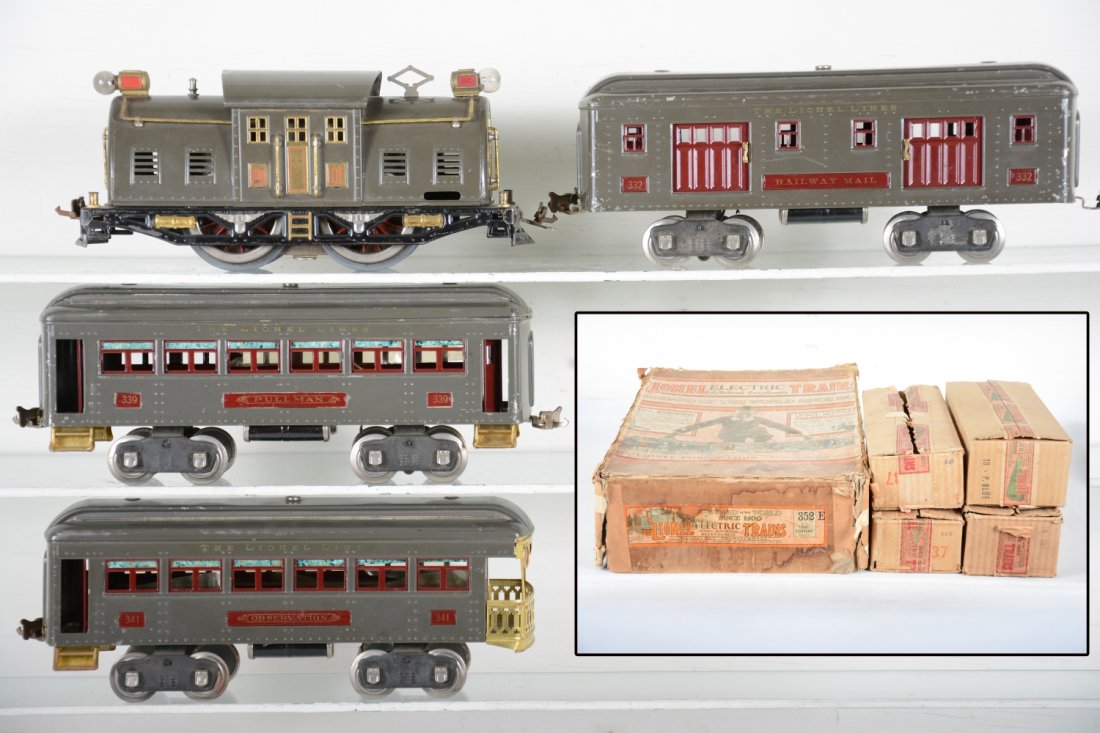 Boxed Lionel 10E Set 352E: Standard gauge. Includes a clean 10E electric loco with pendulum reverse, rewired; 332 baggage; 339 Pullman; 341 observation. All are unusually clean with nice lettering, all have boxes, 1 marked p, B