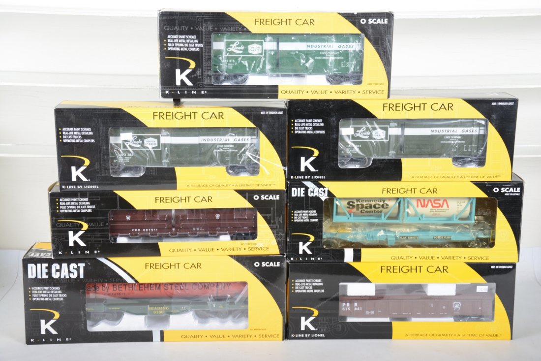 K-Line Standard O Scale Freight Cars: Includes K693-1931 Reading flat with pipe; 2 #22414 Linden boxcars; K676-1891 coil car; 21643 diecast PRR gondola; K761-8014 Linde aluminum tank car; K771-8011 NASA flat with ISO tanks. All are new wi