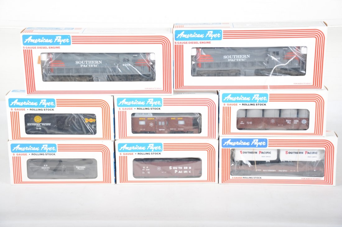 Lionel American Flyer SP Double Diesel Freight Set: S Gauge. Includes a 48000 & 02 SP GP-9 AA diesels; 48400 tank car; 48300 boxcar; 48600 hopper; 48501 trailer flat; 48500 gondola with canisters; 48700 bay window caboose. All are mint factory fresh wi