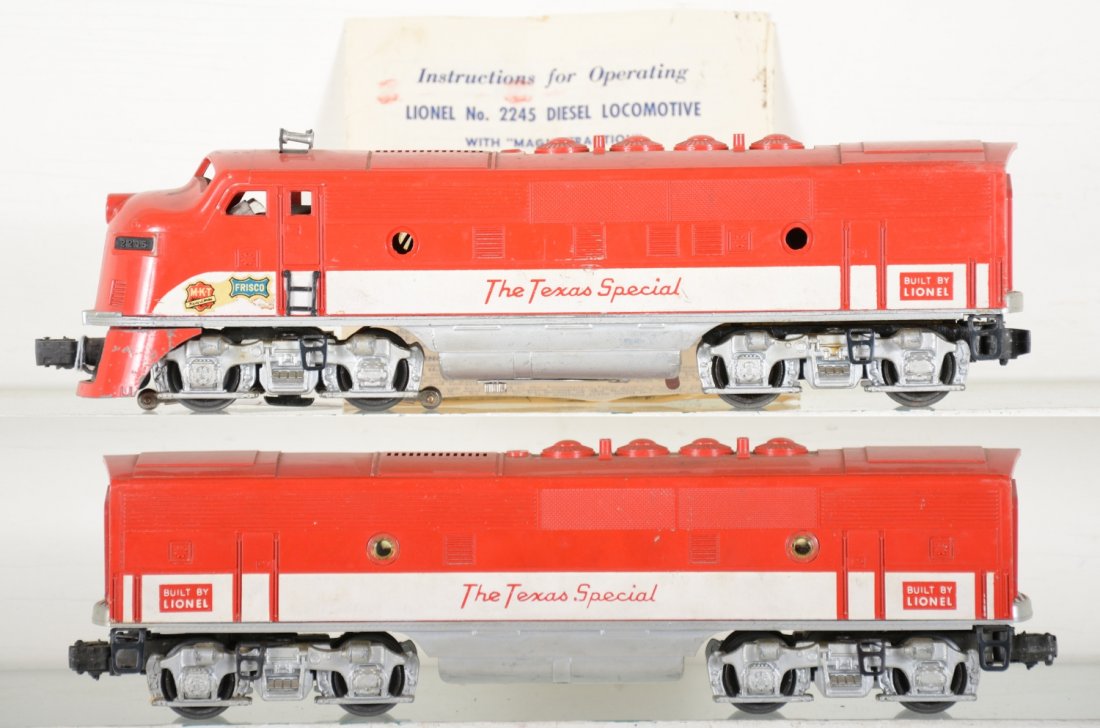 Clean Lionel 2245 TS F3 AB Diesels: Nice shiny set with clean battery box. They are only missing 2 port hole lenses and have their instructions. They show moderate playwear, C6-6+