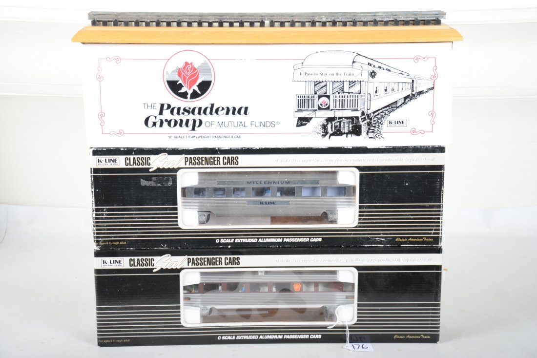 3 K-Line Special Passenger Cars: Includes K99-1986A Pasadene Group observation with display board; K-4680-21000 PRR #1000 Business car; K4601-20001c Millennium car. All appear new in boxes, C10