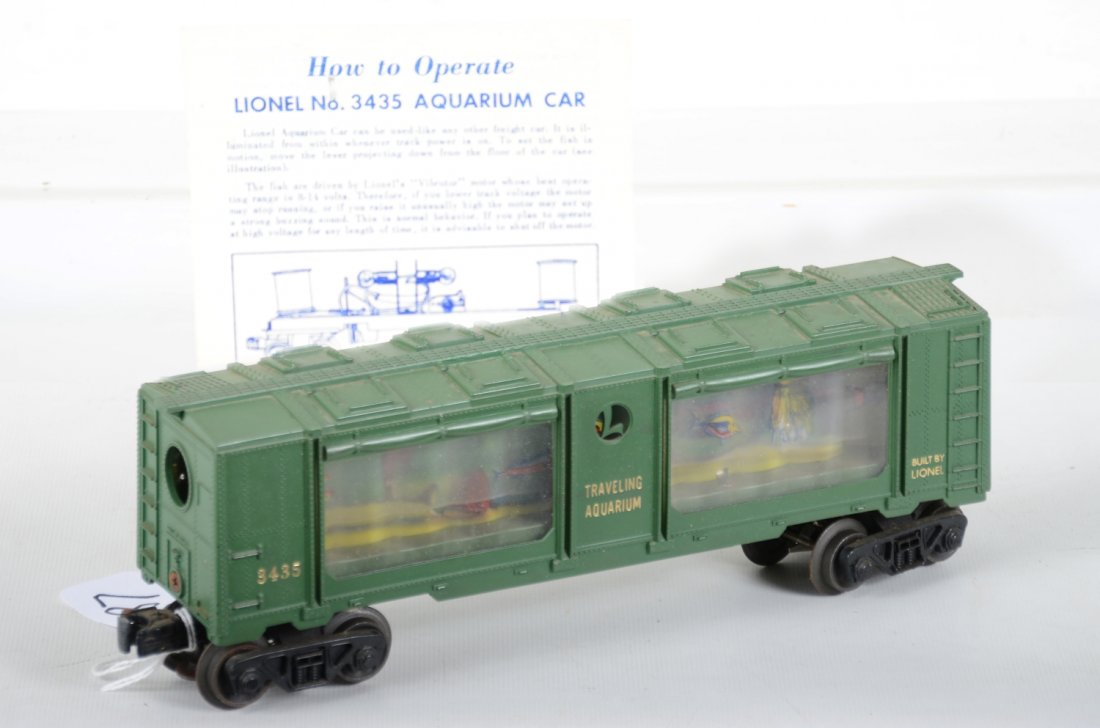 Scarce Lionel 3435 Aquarium Car, Gold lettered: Clean example with gold heat stamped lettering. It shows light wear with instructions, C7+-8